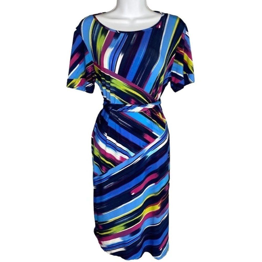 Tiana B Blue Multi Stripe Stretch Knit Belted Dress sz‎ Petite Medium PM